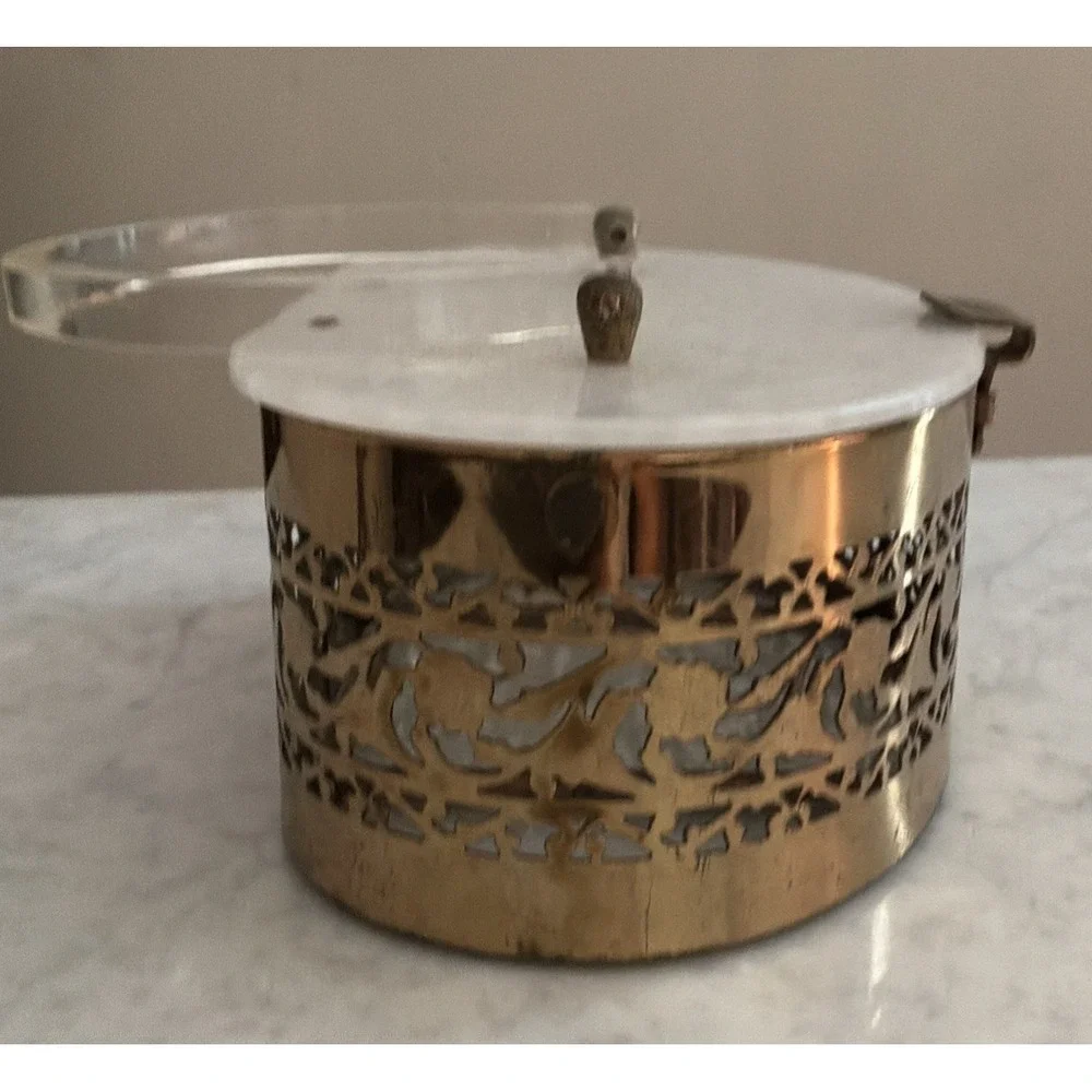 1950's Vntge Pearlescent Lucite/ Gold Tone Metal Filigree Box Top Handle Purse